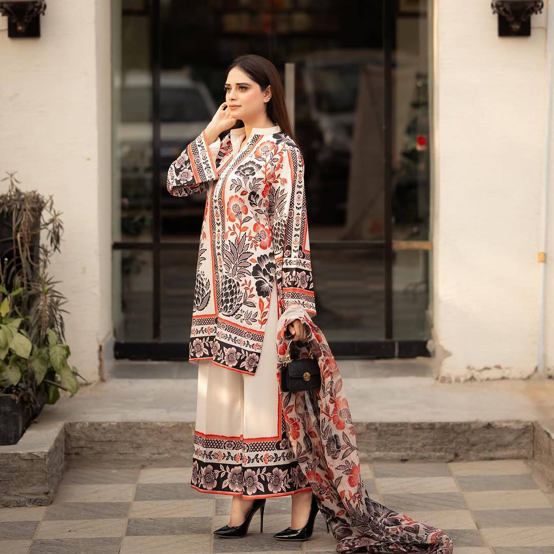 Beige Trendy Pure American Crepe Digital Print Co-Ord Set with Chiffon Georgette Dupatta
