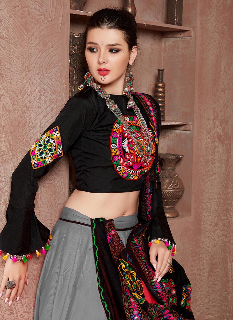 Bell Sleeve Blouse Grey Chaniya Choli For Navratri