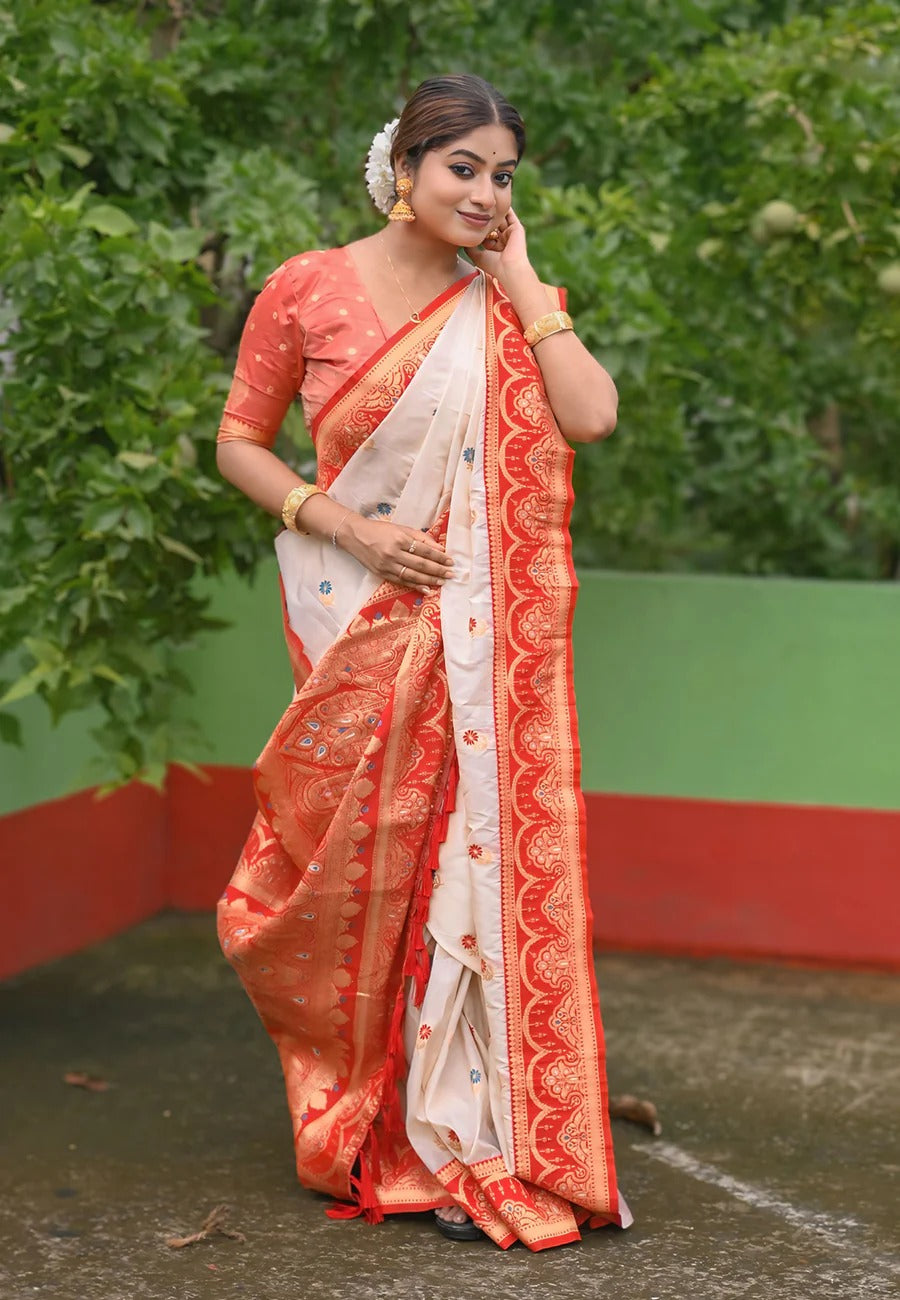 Traditional white red soft silk bengali festival saree with meenakari phool design