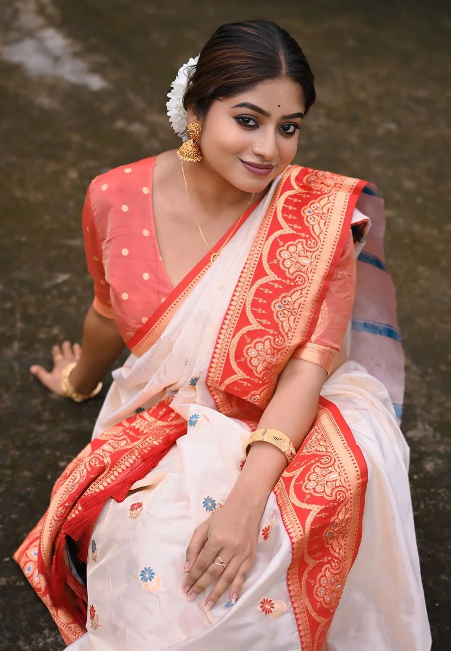 Traditional white red soft silk bengali festival saree with meenakari phool design