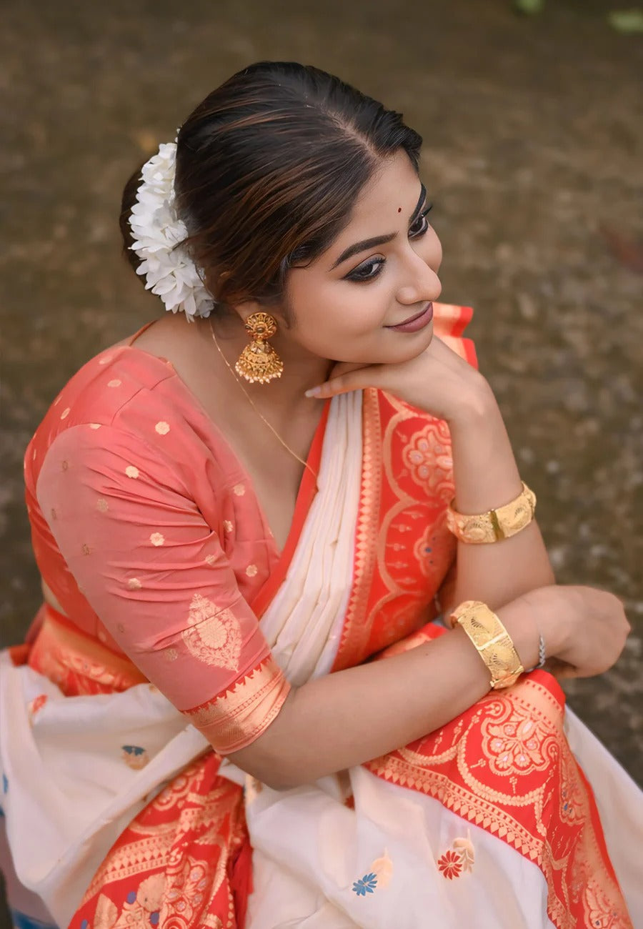 Traditional white red soft silk bengali festival saree with meenakari phool design