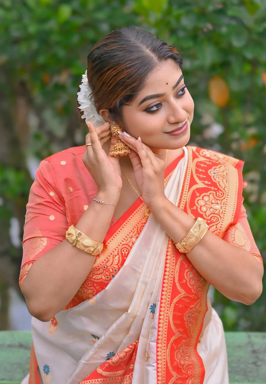 Traditional white red soft silk bengali festival saree with meenakari phool design