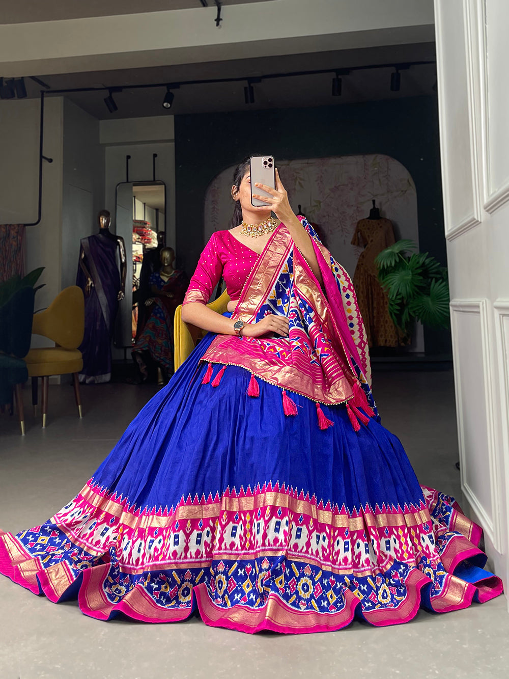 Royal Blue Color Ikkat Patola Print With Foil Work Tussar Silk Lehenga Choli