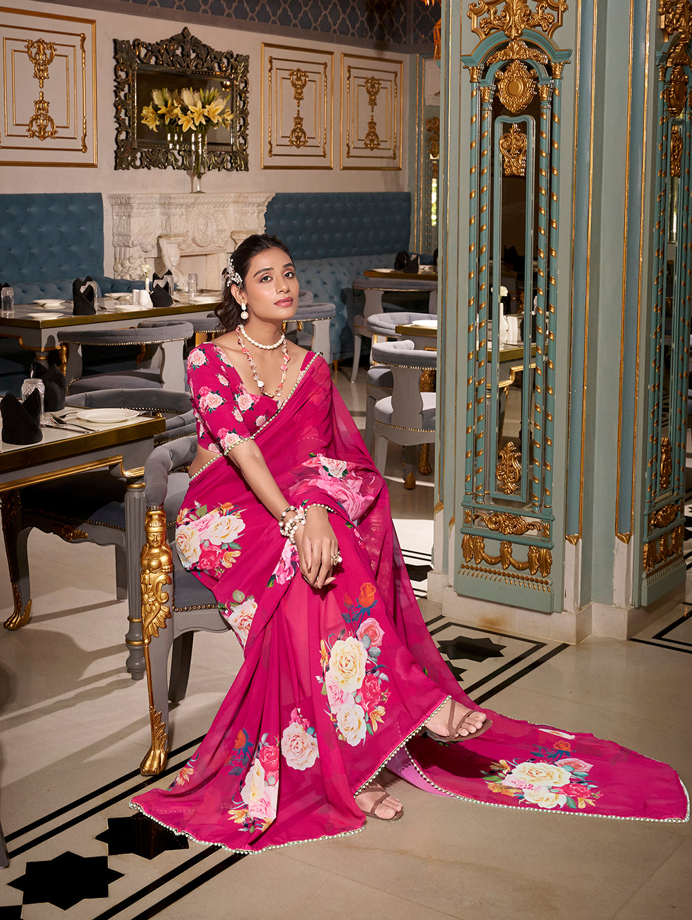 Pink georgette plain saree with printed pearl lace border