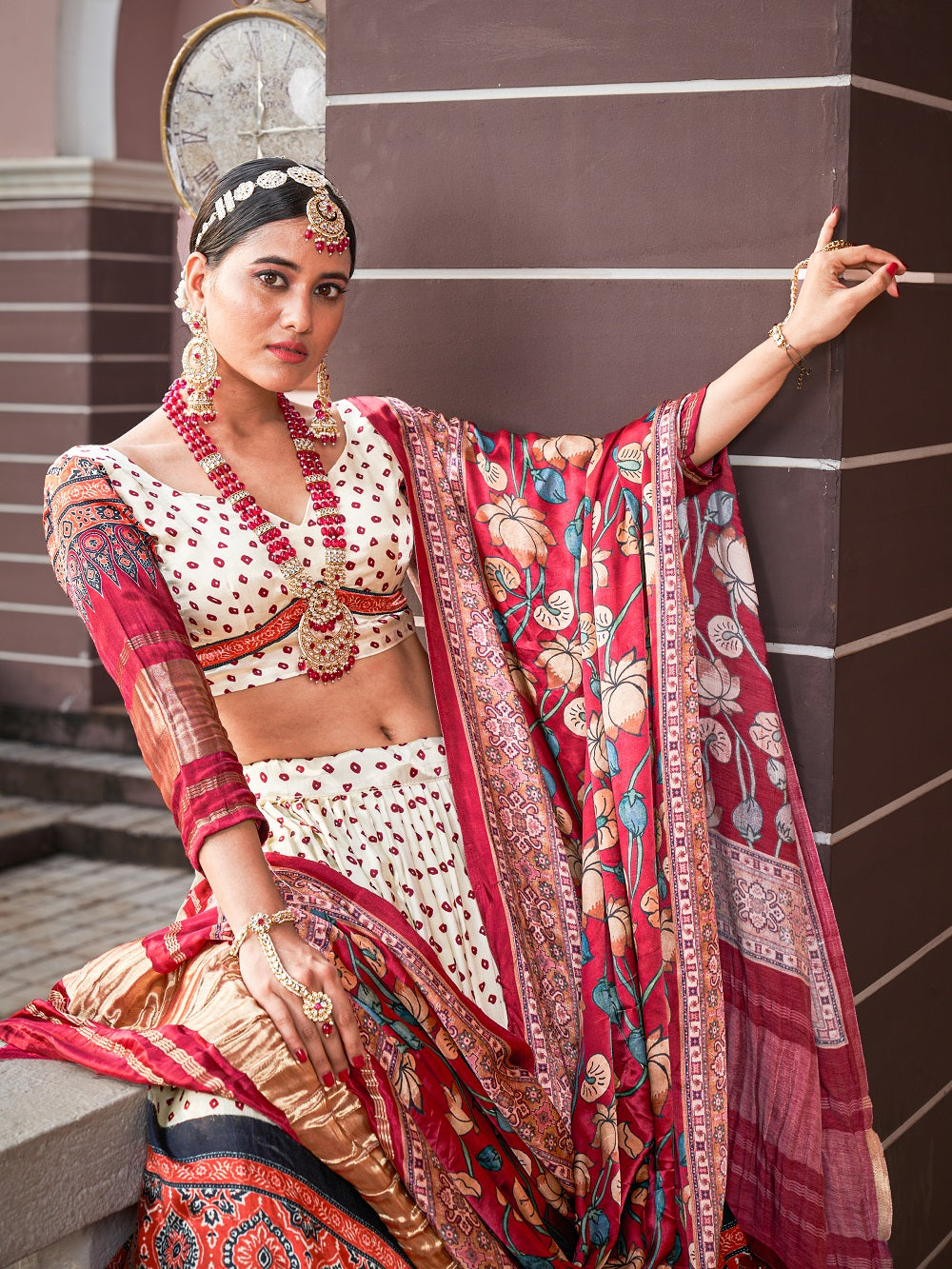 Cream Color Digital Printed Pure Gaji Silk Lehenga Choli