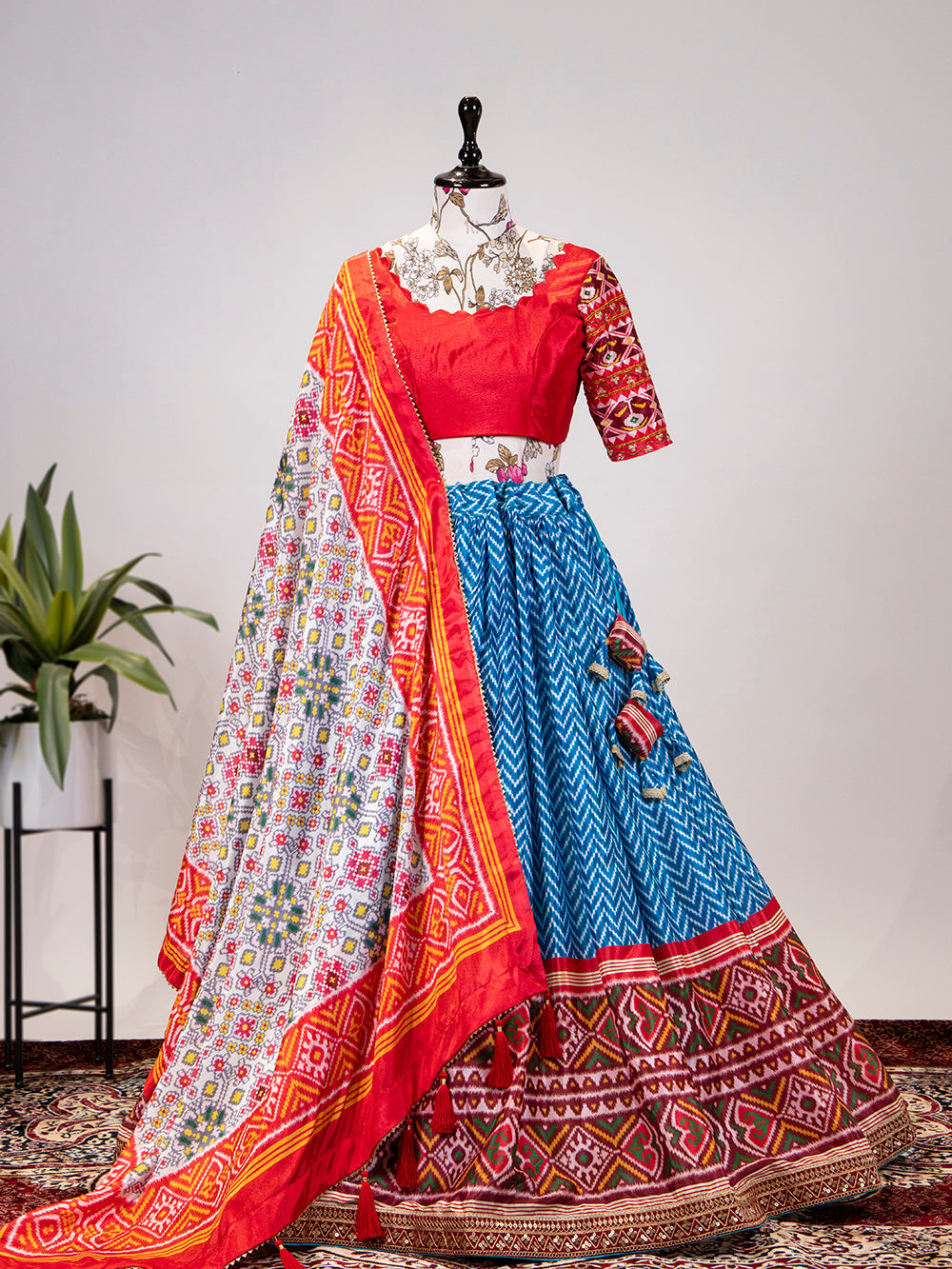Blue Color Leheriya Patola Print Chinon Lehenga Choli