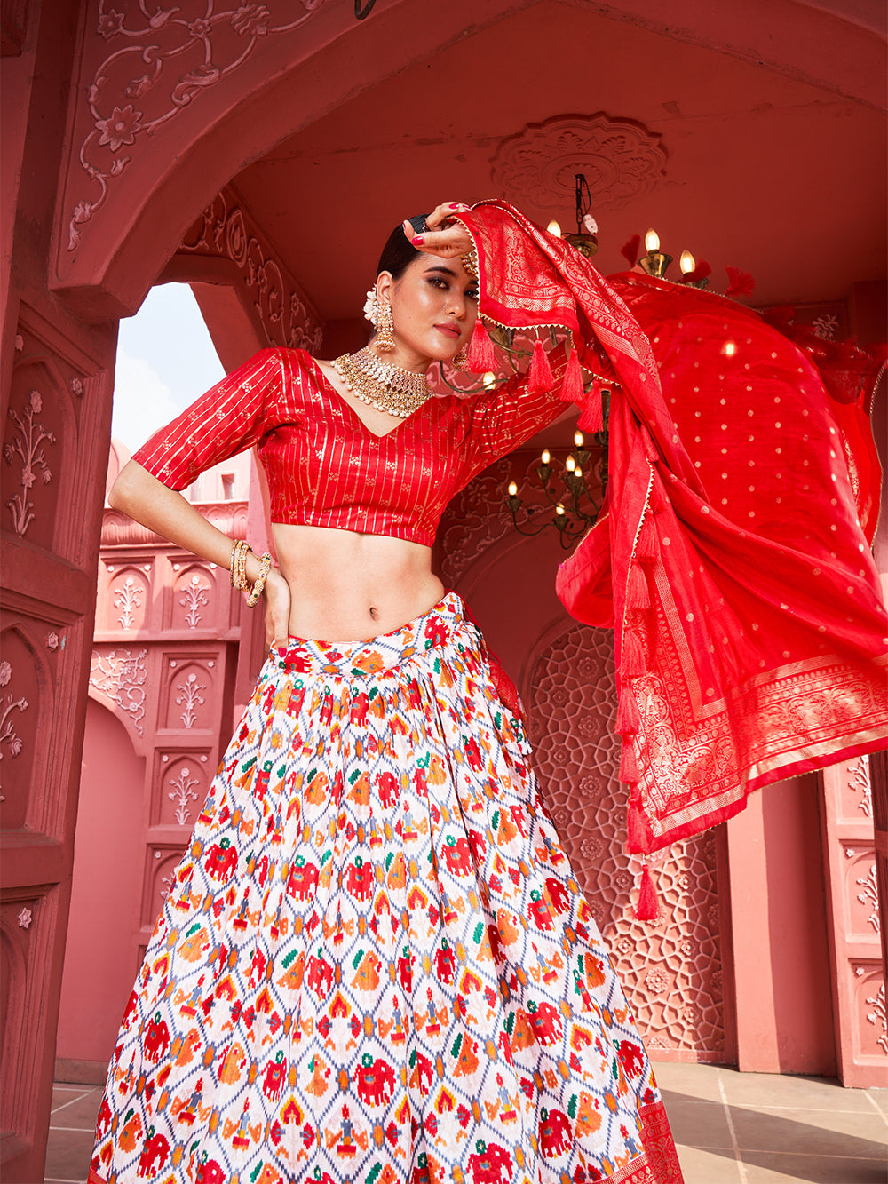Red Color Haydrabadi Patola Printed Dola Silk Lehenga Choli