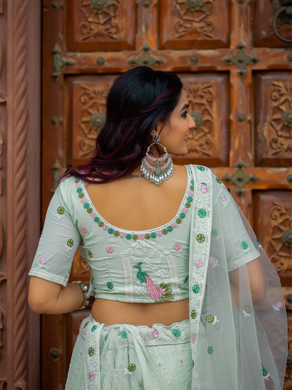 Pista Color Lucknowi Work Georgette Lehenga Choli