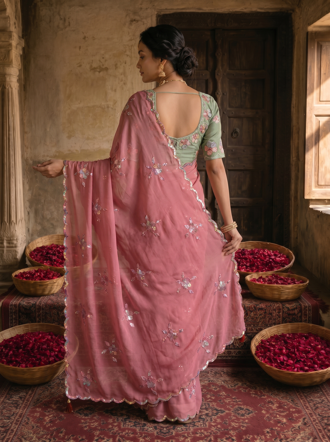Dusty rose pink georgette embroidered saree with floral sequin work contrast designer blouse