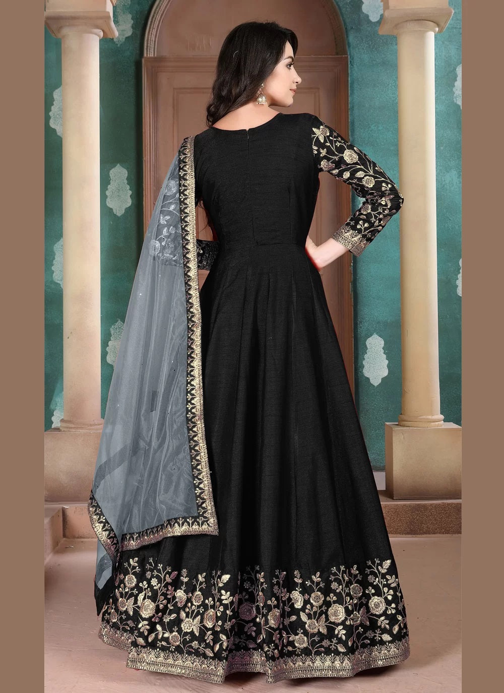 Black adda silk heavy embroidered anarkalia