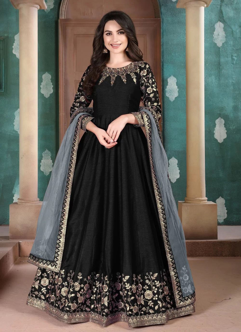 Black adda silk heavy embroidered anarkalia