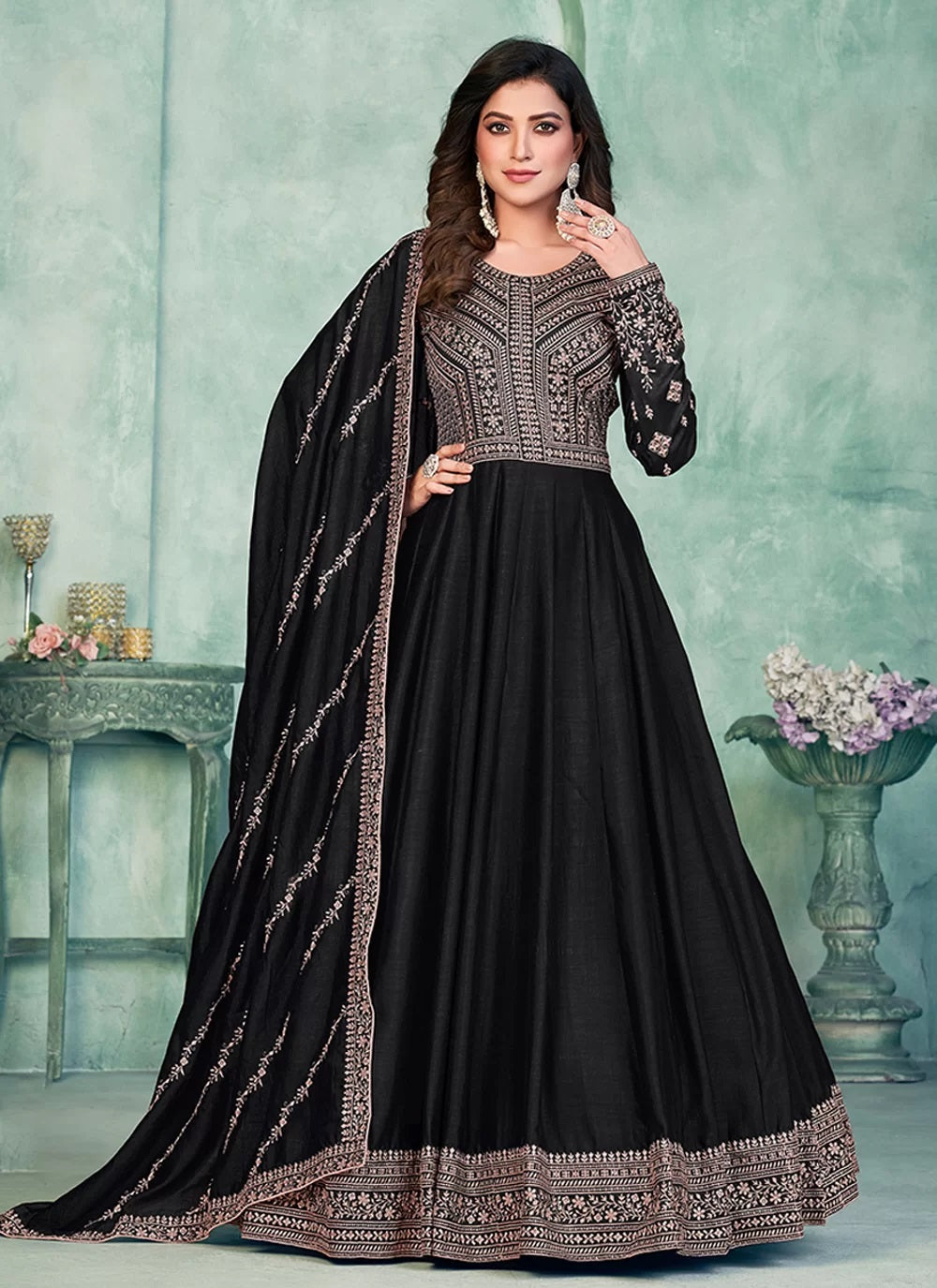 Black art silk anarkali dress with intricate embroidery