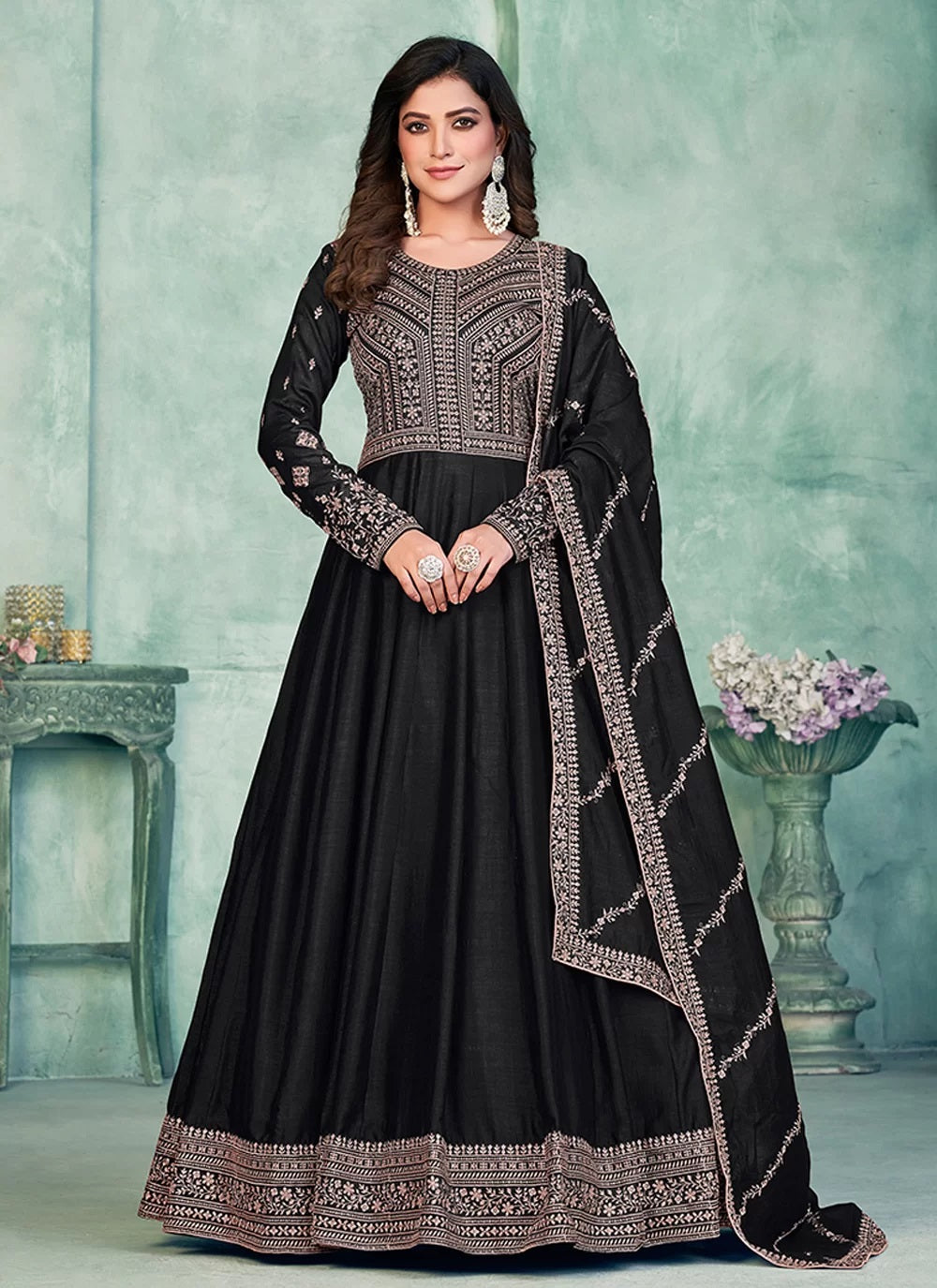 Black art silk anarkali dress with intricate embroidery