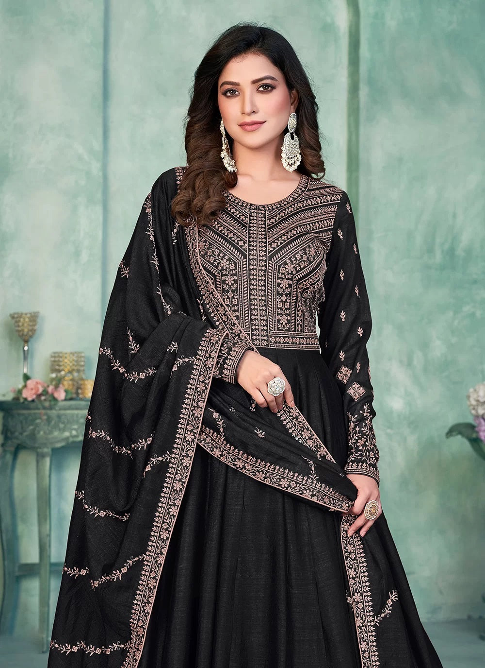 Black art silk anarkali dress with intricate embroidery