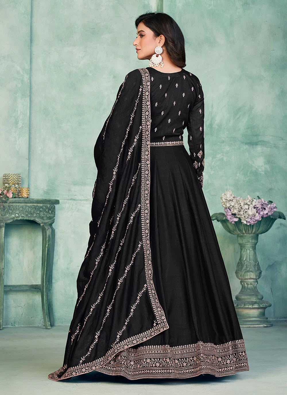 Black art silk anarkali dress with intricate embroidery