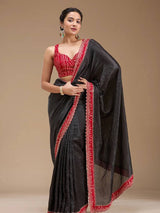 Black Bandhej Saree with Hand Embellished Beads and Stones Silk Satin