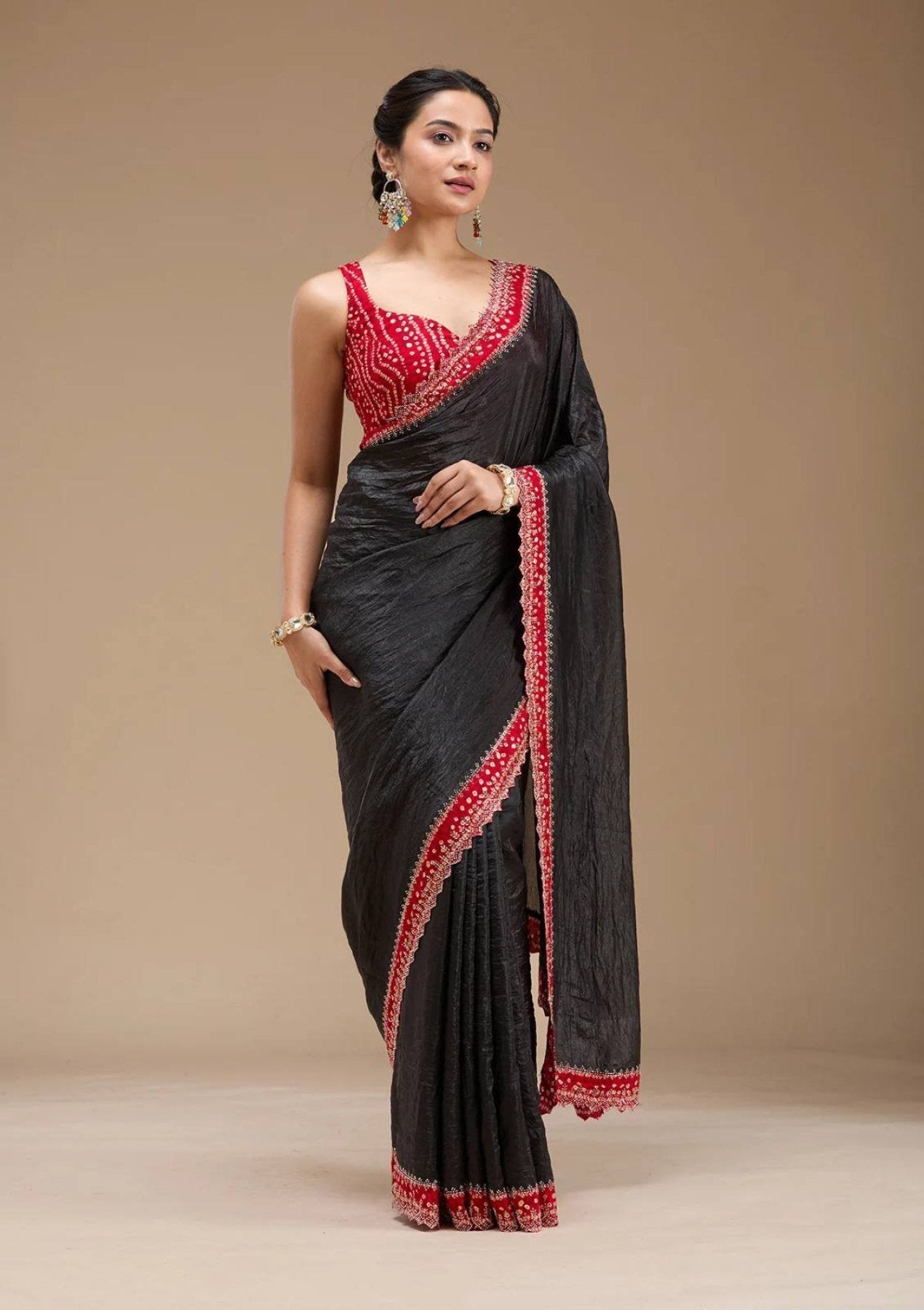 Black Bandhej Saree with Hand Embellished Beads and Stones Silk Satin
