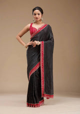 Black Bandhej Saree with Hand Embellished Beads and Stones Silk Satin