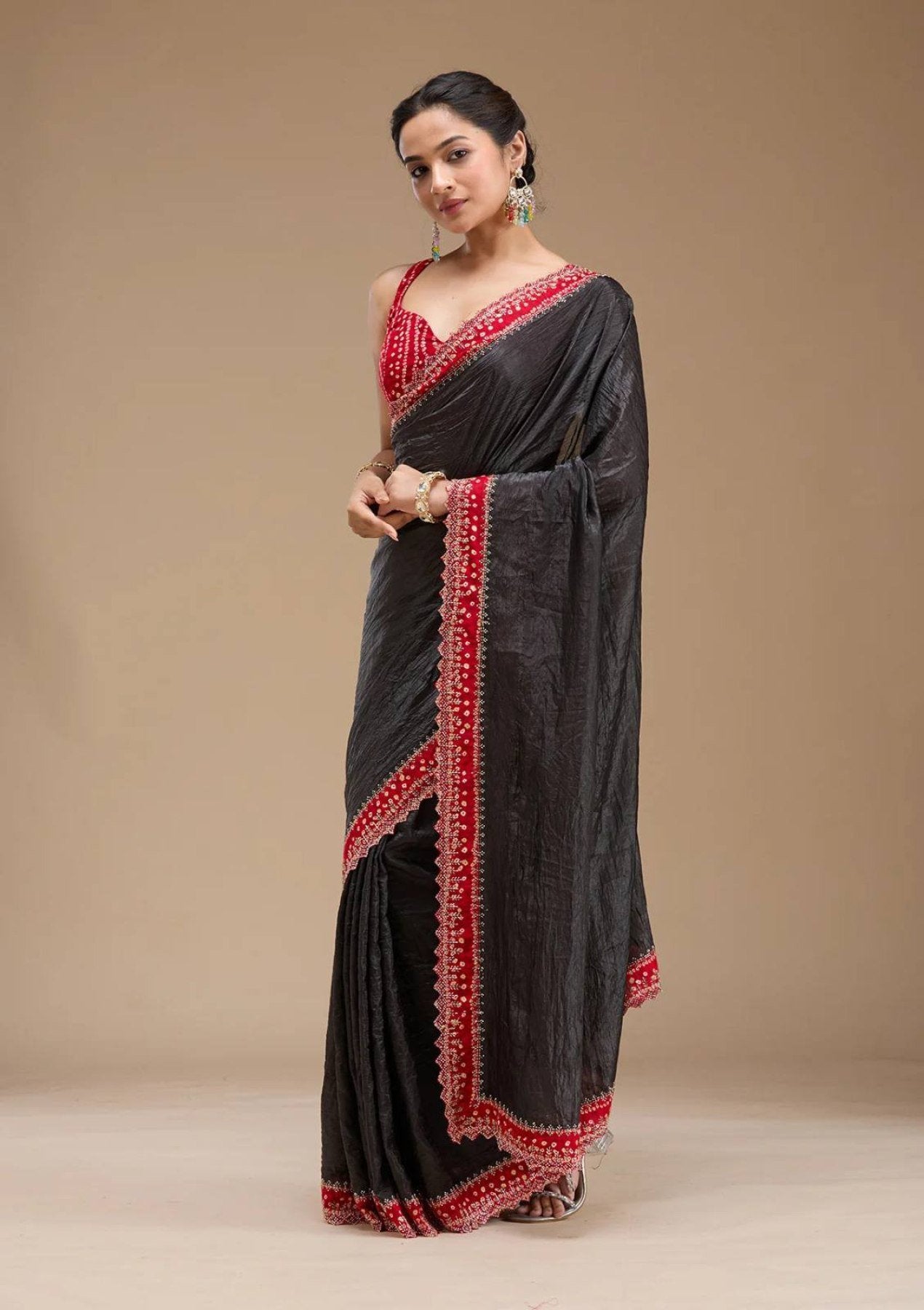 Black Bandhej Saree with Hand Embellished Beads and Stones Silk Satin