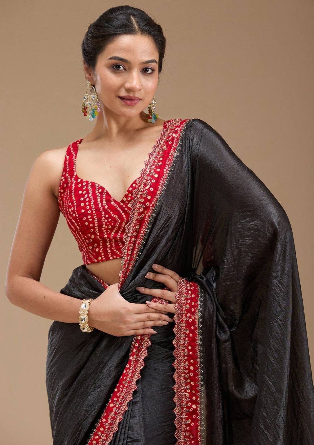 Black Bandhej Saree with Hand Embellished Beads and Stones Silk Satin