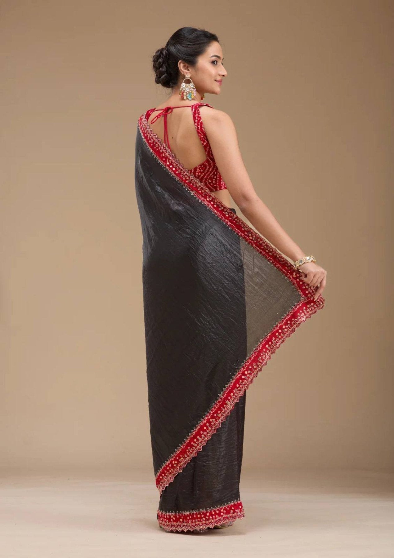 Black Bandhej Saree with Hand Embellished Beads and Stones Silk Satin