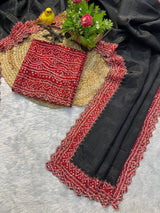 Black Bandhej Saree with Hand Embellished Beads and Stones Silk Satin