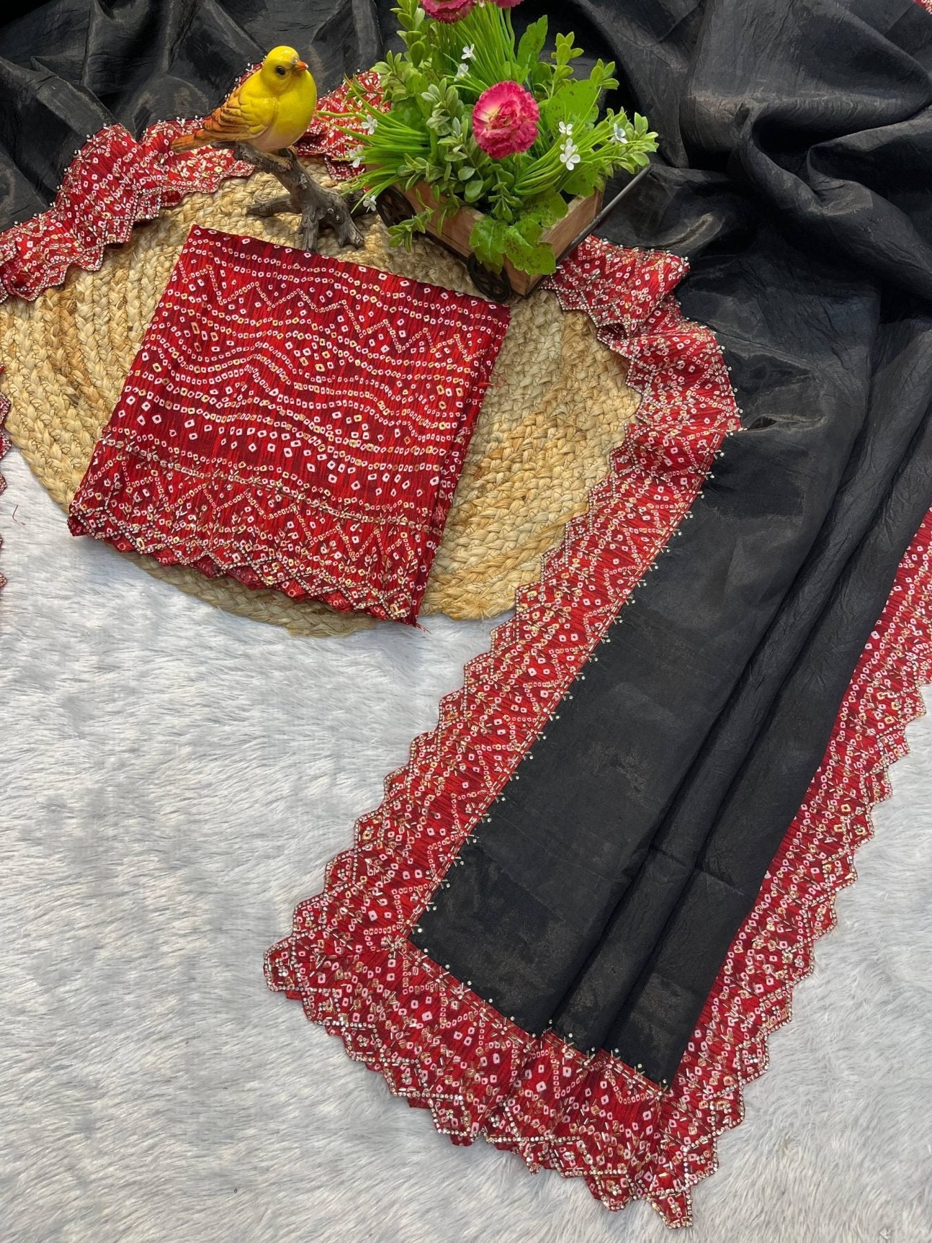 Black Bandhej Saree with Hand Embellished Beads and Stones Silk Satin