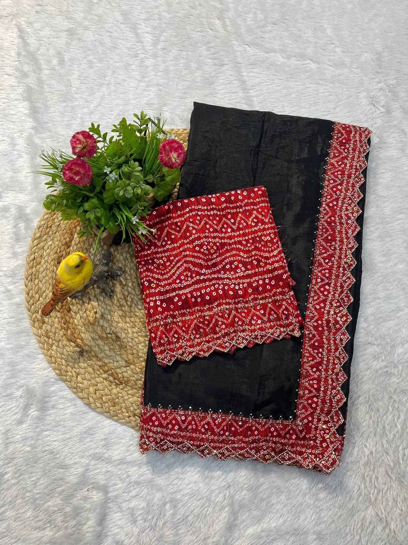 Black Bandhej Saree with Hand Embellished Beads and Stones Silk Satin