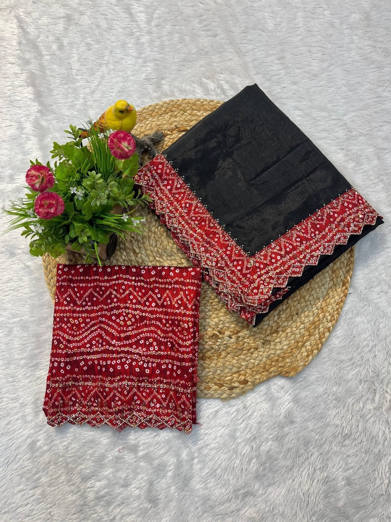Black Bandhej Saree with Hand Embellished Beads and Stones Silk Satin