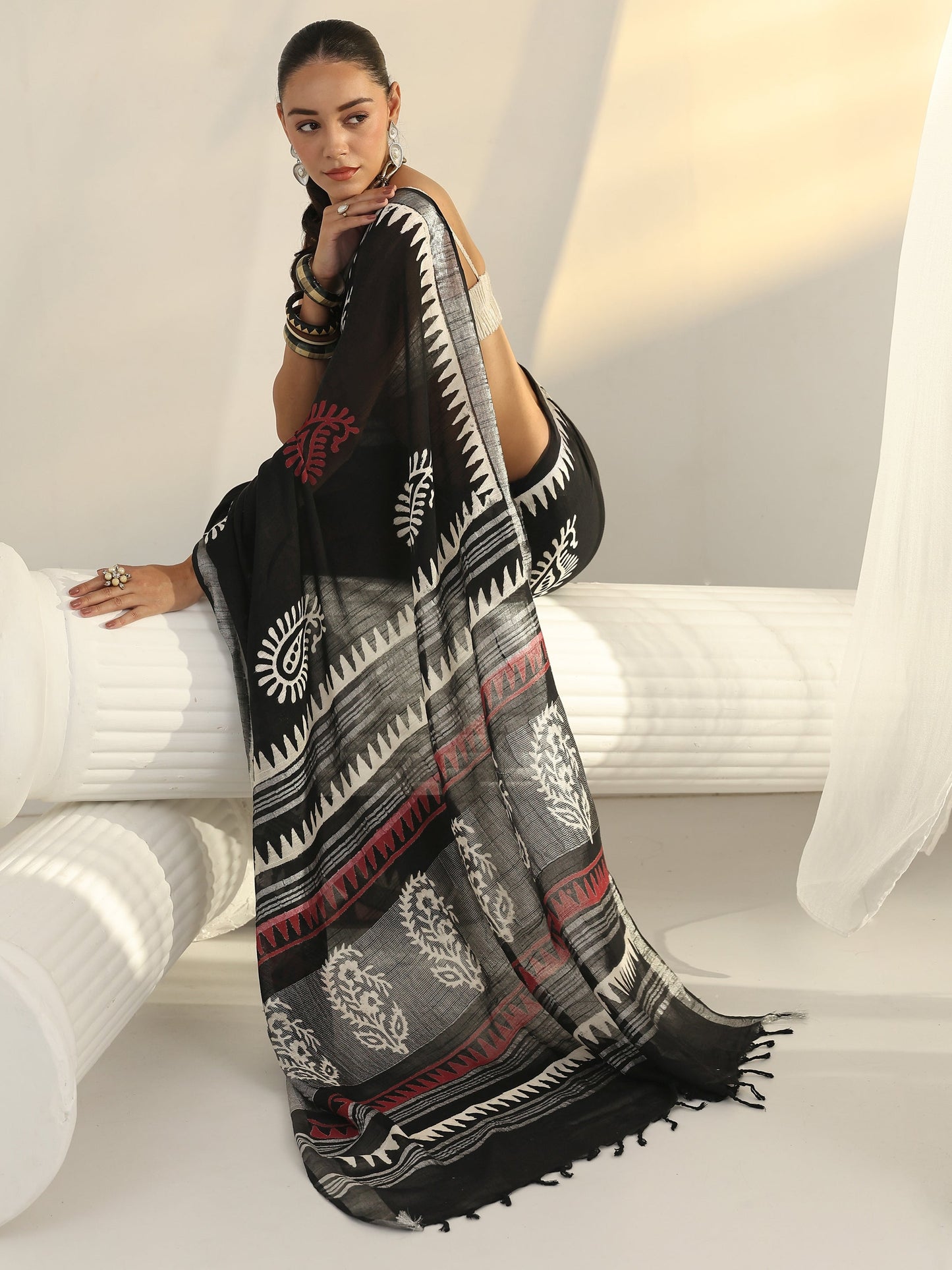 Libas Black Block Print Cotton Saree