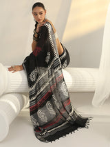Libas Black Block Print Cotton Saree
