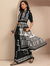 Libas Black Block Printed Cotton Saree With Unstitched Blouse Piece