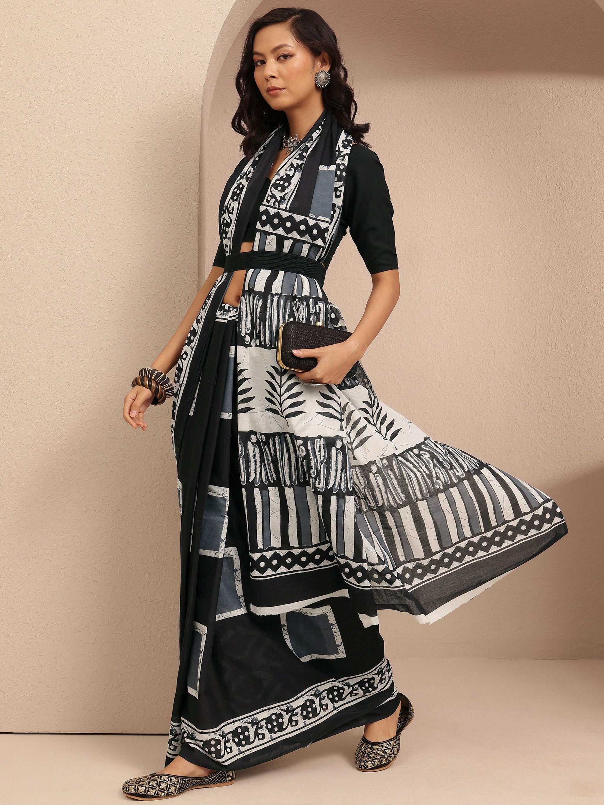 Libas Black Block Printed Cotton Saree With Unstitched Blouse Piece