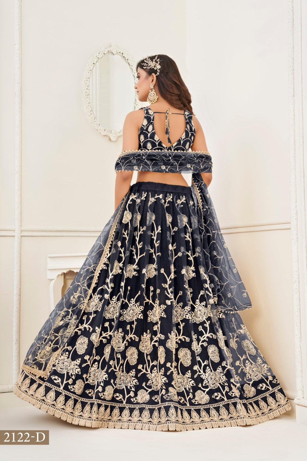 Black Butterfly Net Lehenga with White Cotton Thread Work and Sequence Embroidery