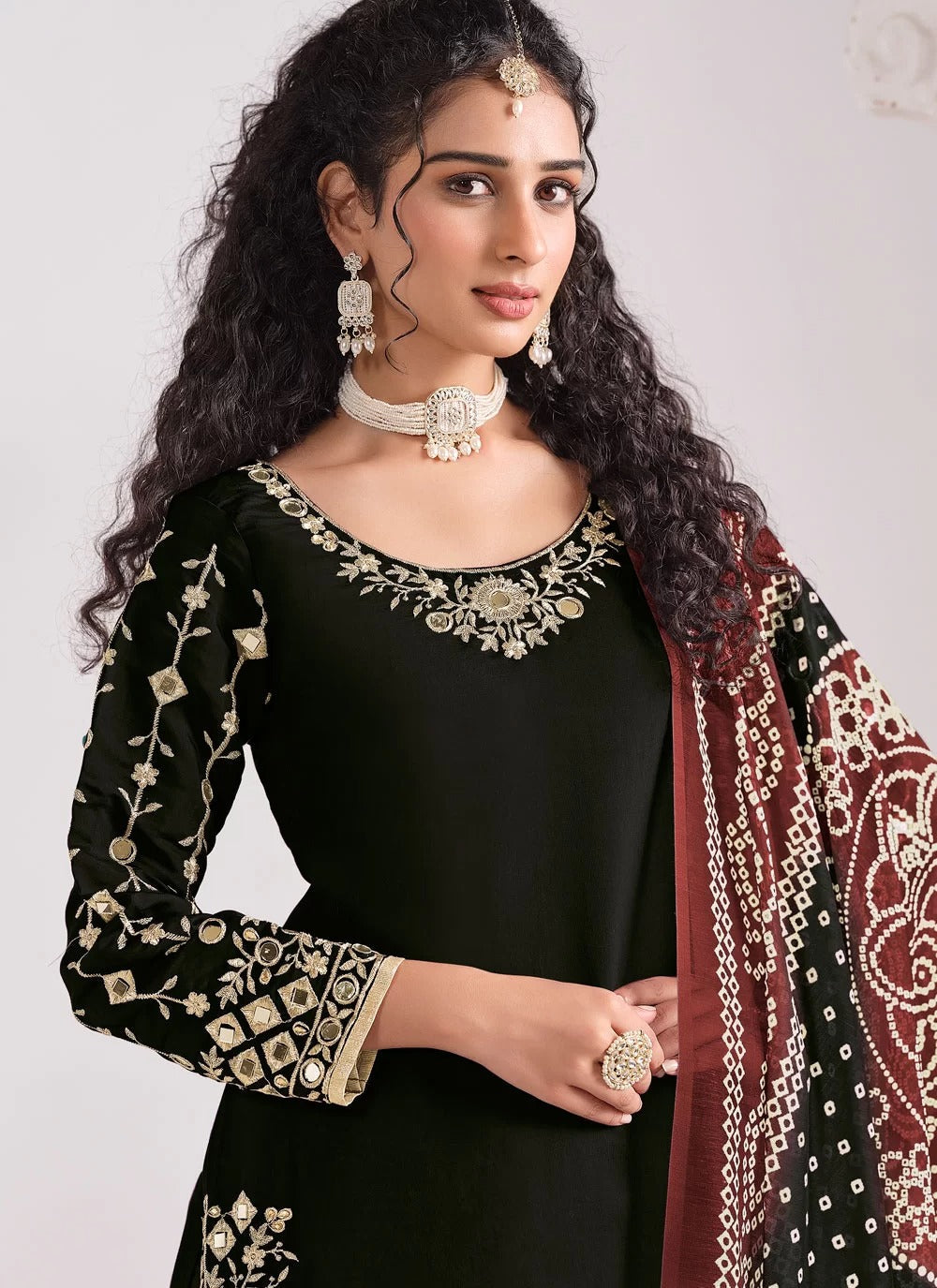 Timeless black roman silk patiyala suit with mirror embroidery