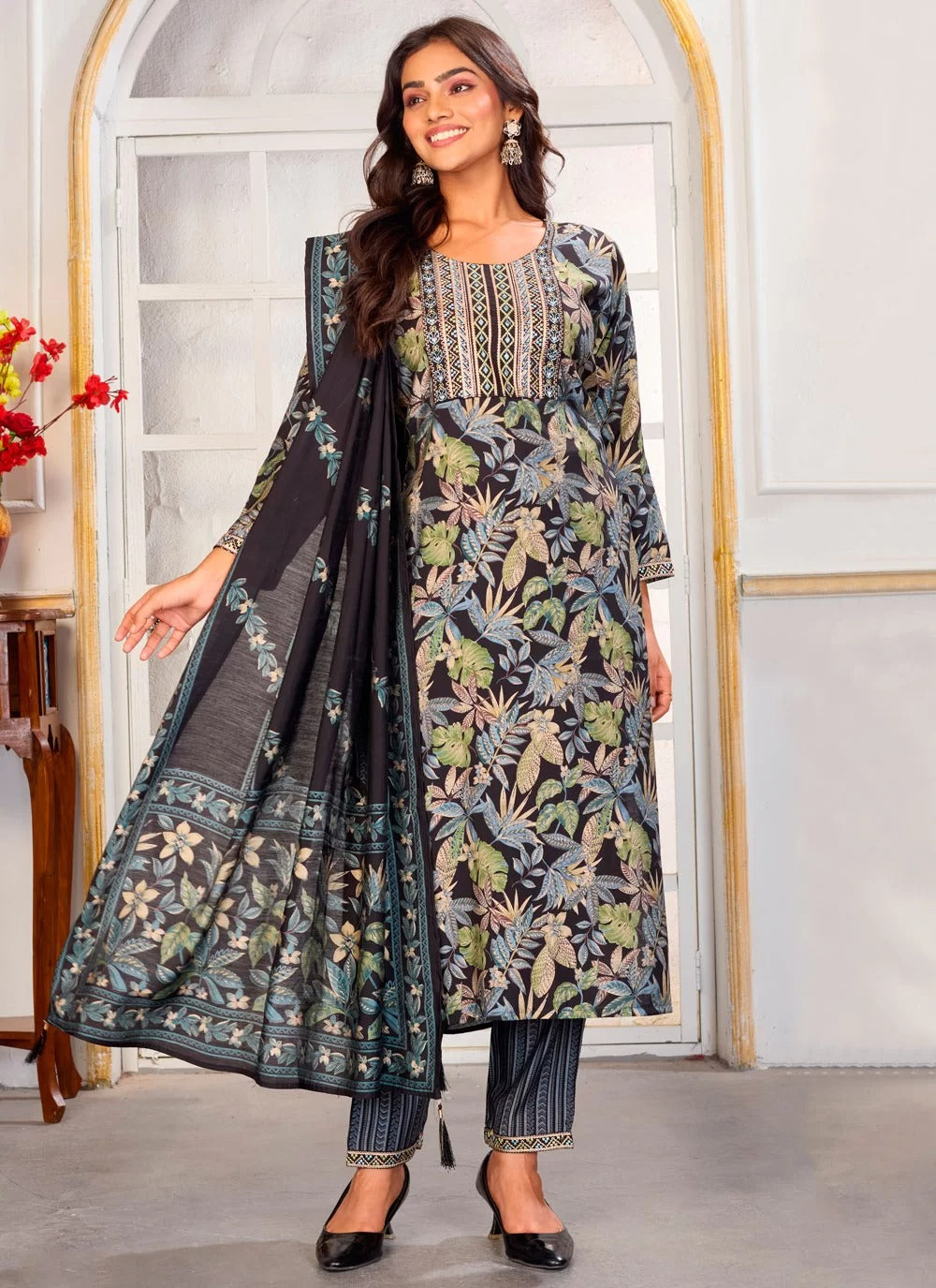 Elegant black chanderi embroidered readymade suit with printed dupatta