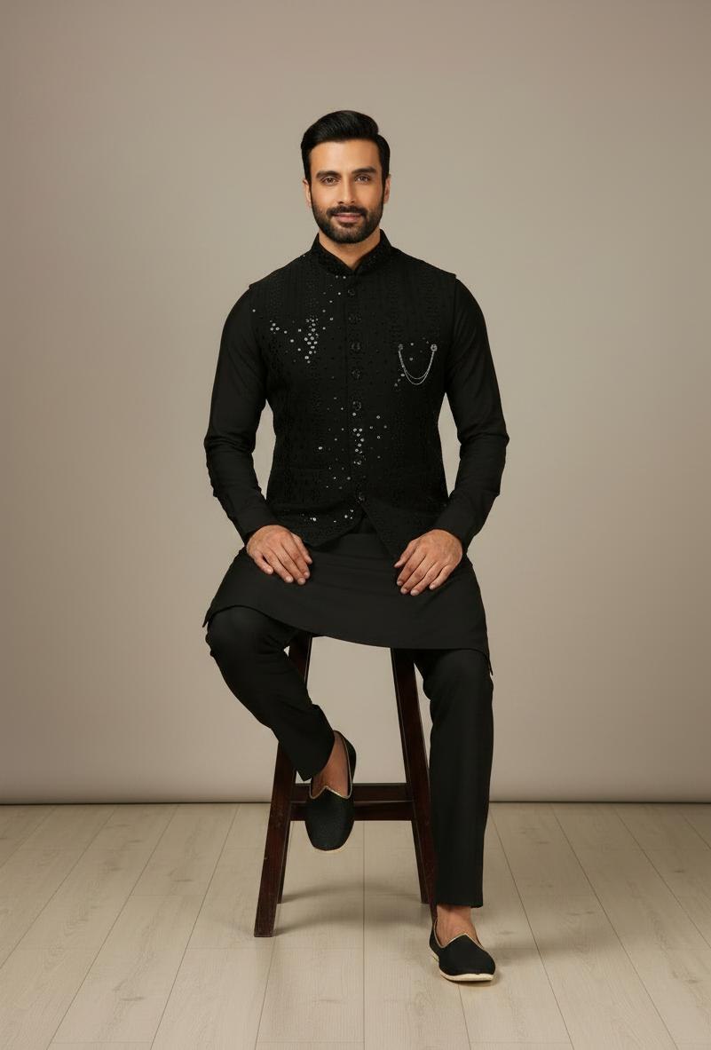 Black Chanderi Kurta Pant Set
