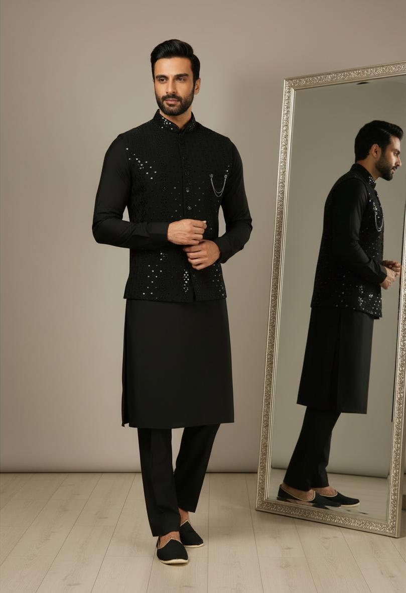 Black Chanderi Kurta Pant Set