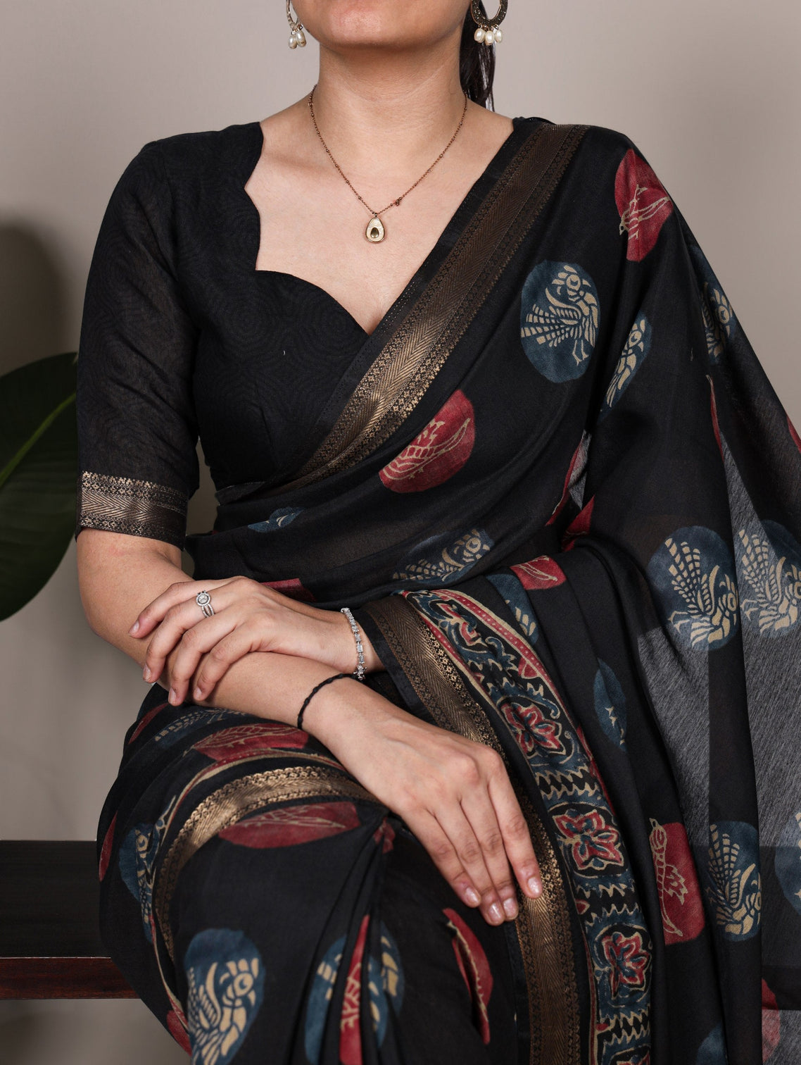 Black Chanderi Printed Saree