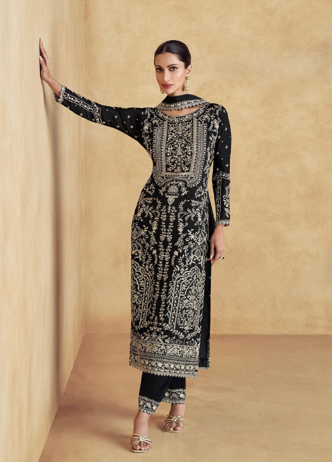 Black Chinon Embroidered Kurta Palazzo Set Festive Wear
