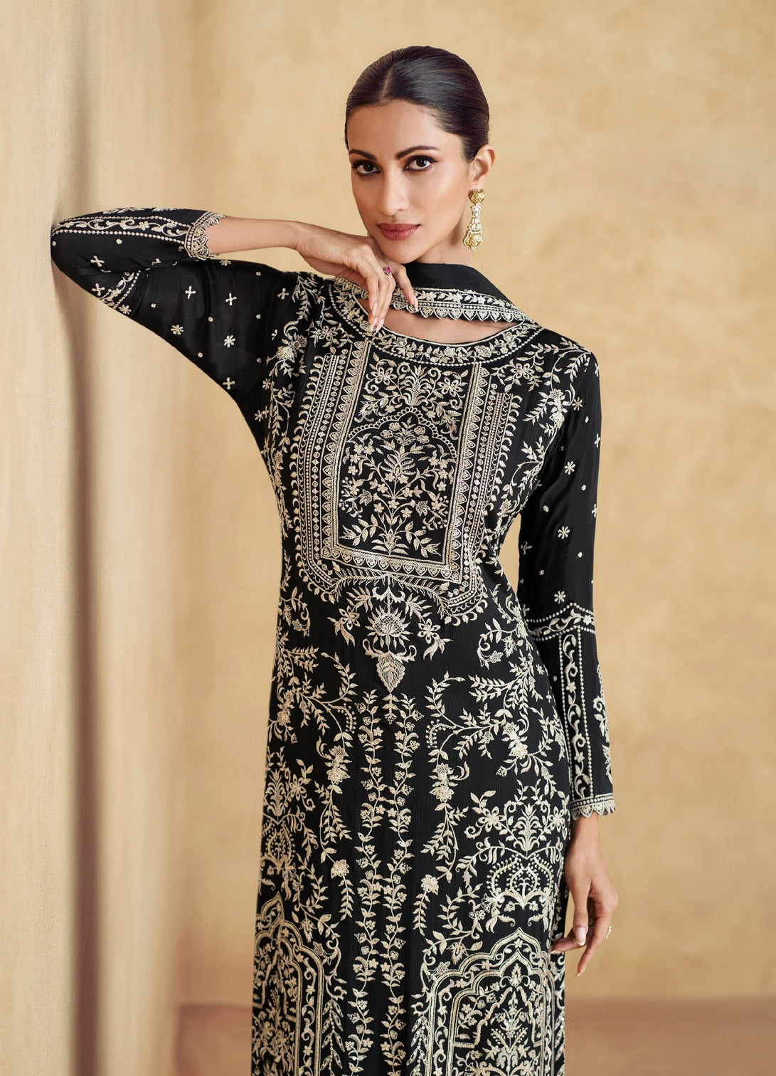 Black Chinon Embroidered Kurta Palazzo Set Festive Wear
