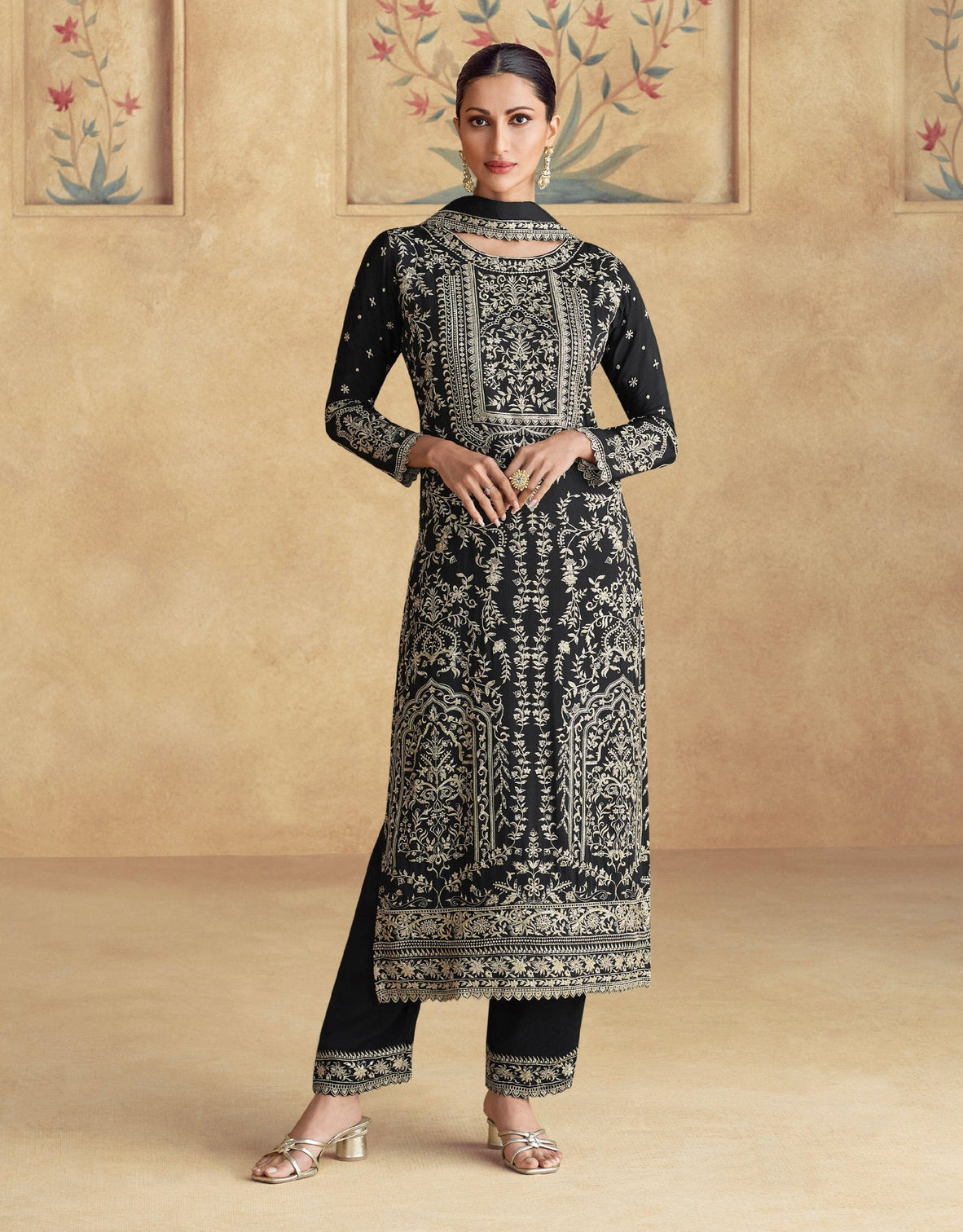 Black Chinon Embroidered Kurta Palazzo Set Festive Wear