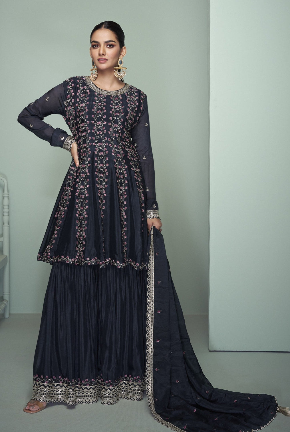 Black Chinon Embroidered Kurta Palazzo Set