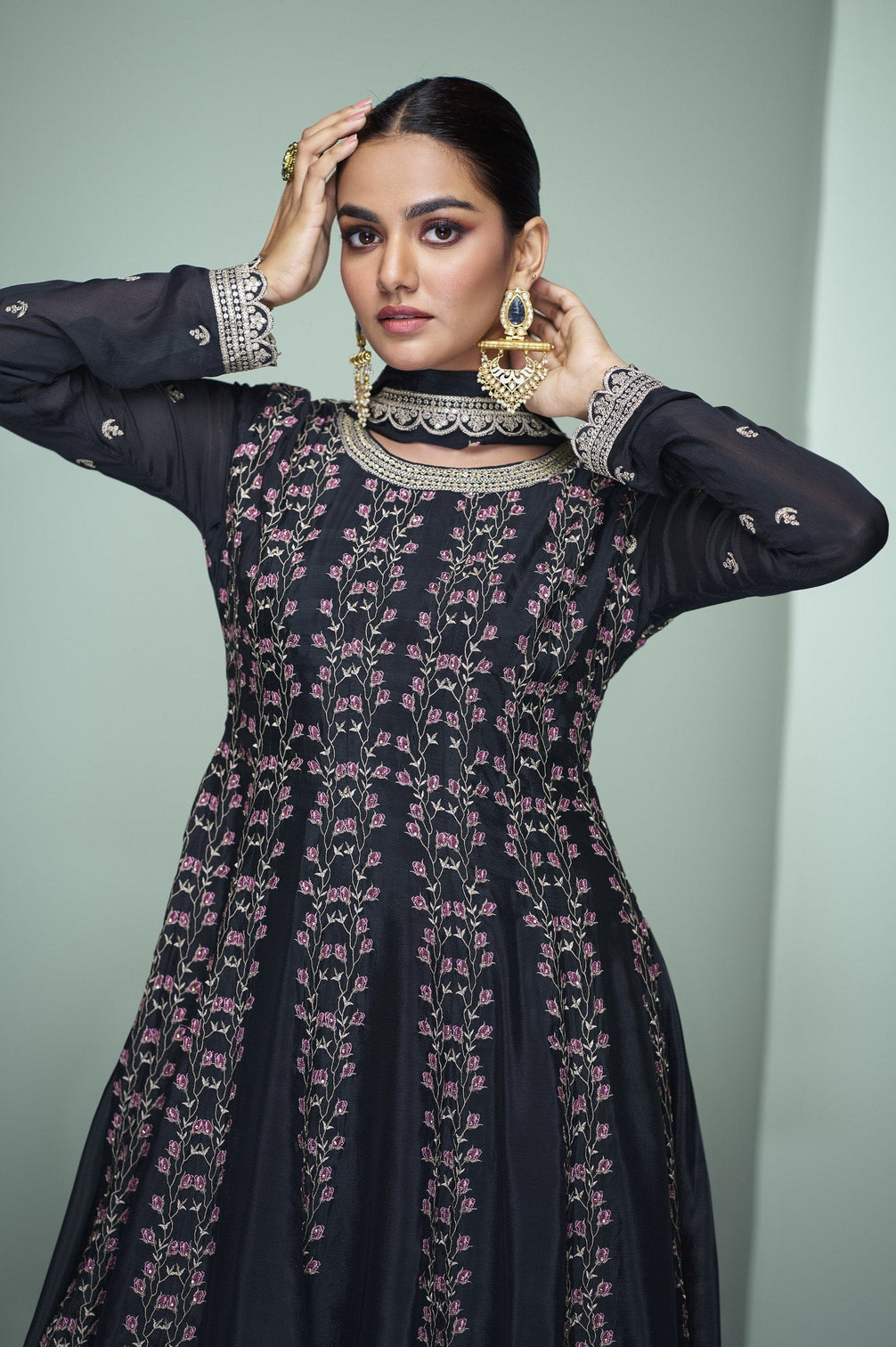 Black Chinon Embroidered Kurta Palazzo Set