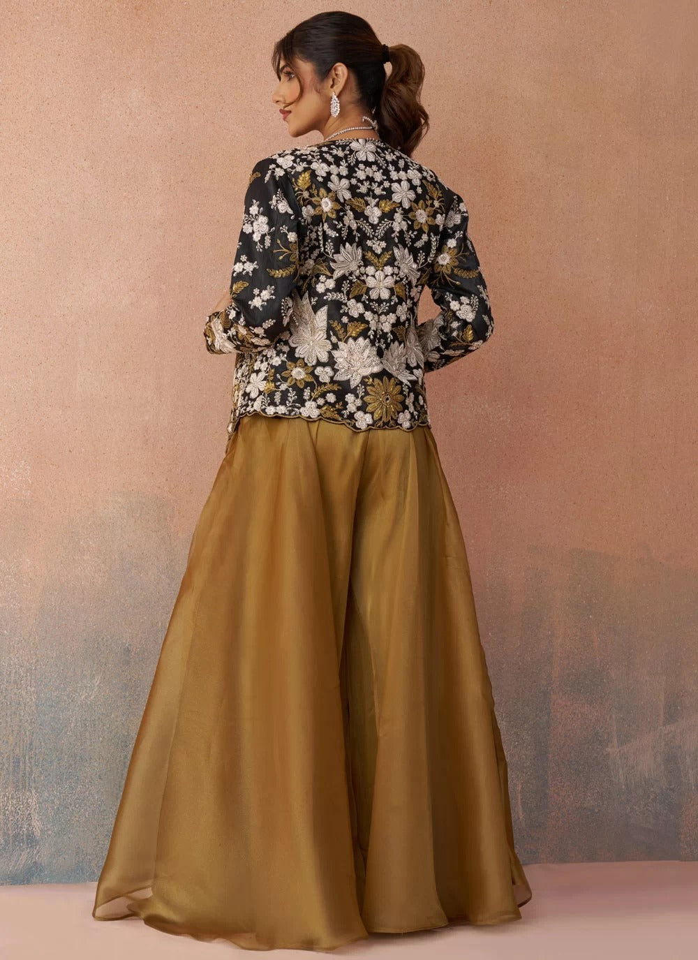 Black tissue indo western co ord set with floral embroidered raw silk jacket