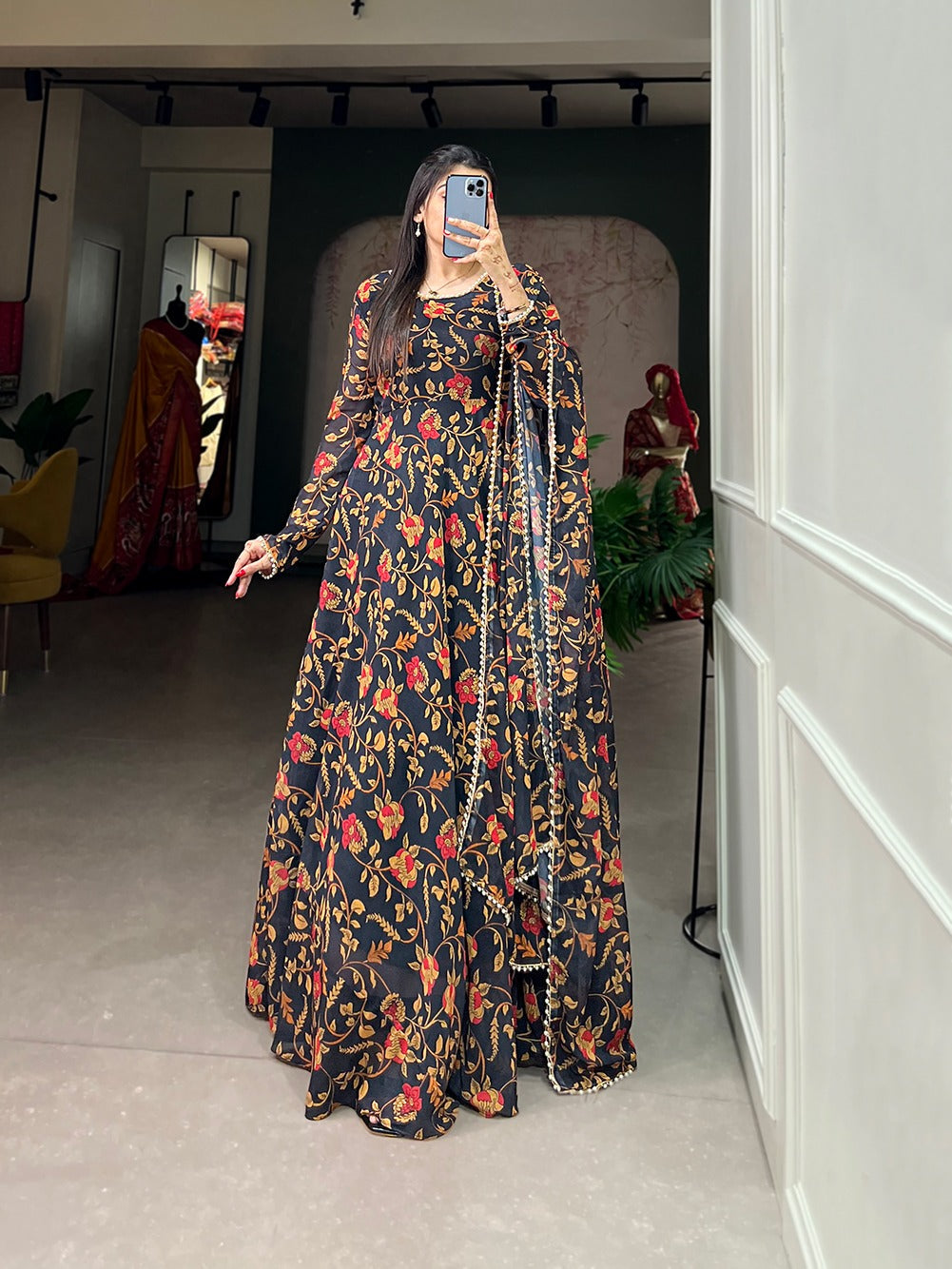 Black Color Captivate All Eyes in This Elegant Floral Printed Georgette Gown with Dupatta