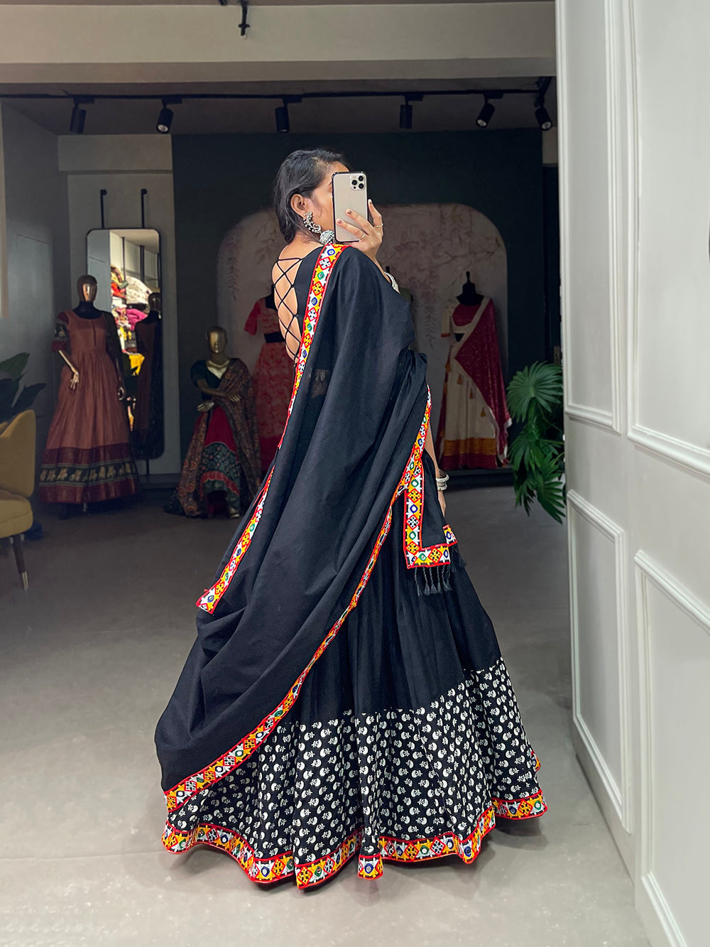 Black Color Printed With Gamthi Work Cotton Lehenga Choli
