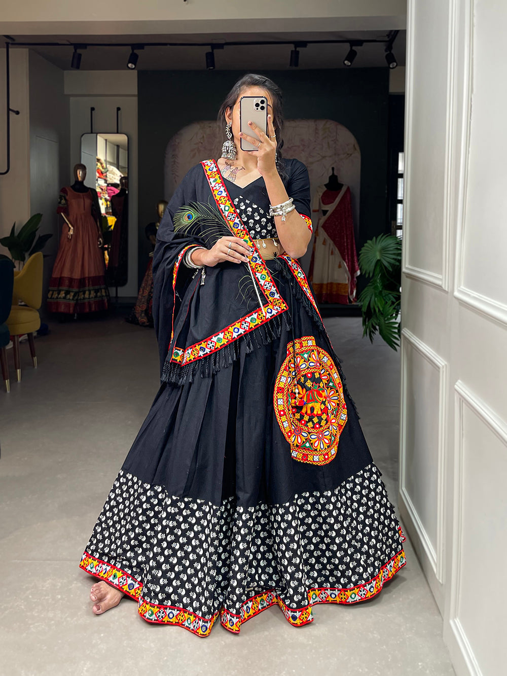 Black Color Printed With Gamthi Work Cotton Lehenga Choli