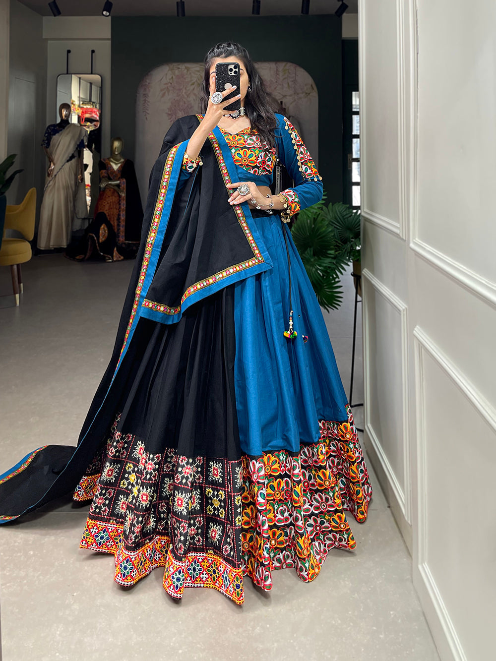 Black Color Plain With Printed Gamthi Work Cotton Navaratri Lehenga Choli