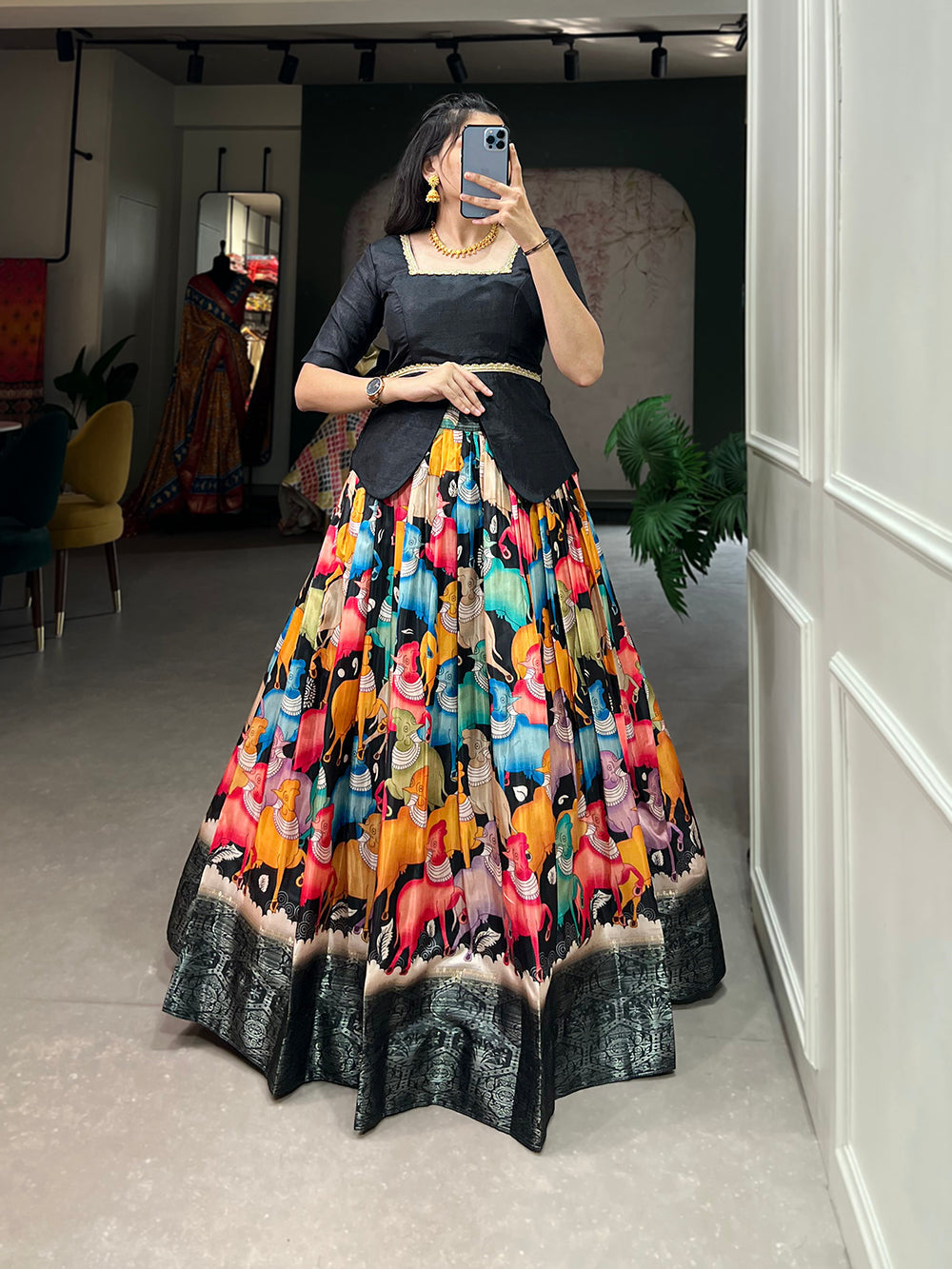 Black Color Digital Print And Zari Weaving Work Dola Silk Lehenga Choli